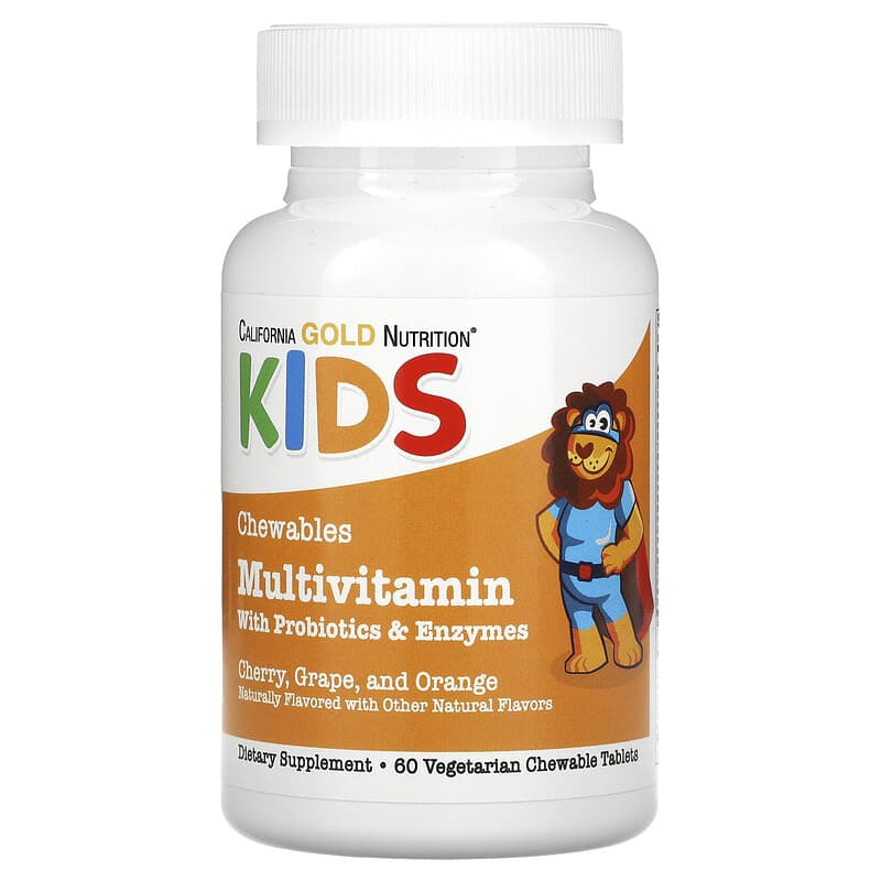 Chewable Multivitamins with Probiotics, Enzymes, Vitamin A and Vitamin C for Children, Assorted Fruit, 60 Vegetarian Tablets by California Gold Nutrition